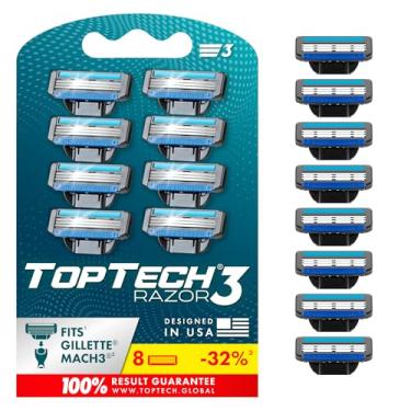 Imagem de Toptech Razor 3 Para Homens - Cartuchos Substituíveis Barbear Manual, Tecnologia De Lâminas, Recargas, Pacote Com 8 Unidades, Compatível Lâminas Afiadas Gillette Mach3 E Suave