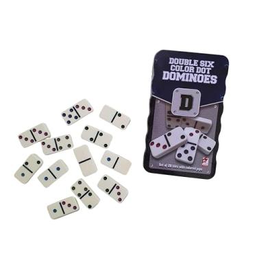 Imagem de Dominó Double Six com Pinos Coloridos – Jogo Clássico 28 Peças em Lata Metálica – Ideal Amigos, Família e Viagem