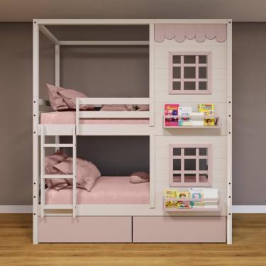 Imagem de Beliche Casinha Reta 02 Janelas e 02 Gavetas Rosa Madeira Maciça Branco/ Rosa Housin