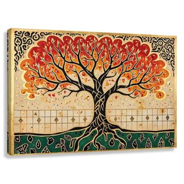 Imagem de Árvore da Vida Arte de Parede Impressão em Tela Decoração de Chamas da Vida Fotos de Folhas de Chamas Vermelho Verde para Sala de Estar 90x60cmx1