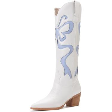 Imagem de OAKUMSAS Botas Cowgirl – Botas femininas caubói com laços coloridos bordadas, branco ocidental, botas na altura do joelho, modernas, bico amendoado, salto grosso, botas altas, Azul, 38