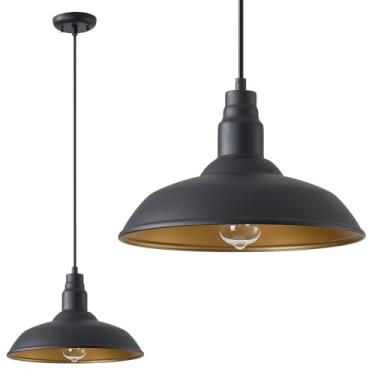 Imagem de GOALPLUS Luzes pendentes de fazenda com cúpula grande de 35,5 cm, luminária suspensa estilo celeiro para cozinha, sala de jantar, iluminação de teto preta para uso interno e externo, altura ajustável