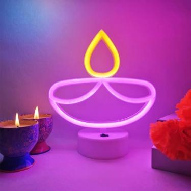 Imagem de Fadraney 2 peças de letreiro neon Diwali com base de suporte, lâmpada de óleo em forma de diya, placas neon de LED para decoração de mesa, USB ou 3-AA, decorações Diwali para decoração de casa, quarto