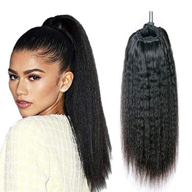 Imagem de Kbeth Extensões de rabo de cavalo de cabelo humano Yaki Afro Kinky Liso Encaracolado Rabo de Cavalo Cordão Cabelo Humano Cor Preta Natural Peruca de Cabelo com Clipe no Rabo de Cavalo (30,5 cm, Liso