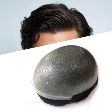 Imagem de Hywel Toupee masculina com cabelo humano real, pele macia completa peruca de nó único para homens, espessura (08-10 mm) sistema de cabelo ondulado natural tamanho base 15 x 23 cm, peças de cabelo cor