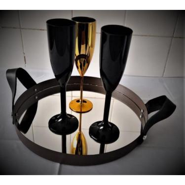 Imagem de Bandeja Adnet Espelhada Redonda 40cm Marrom com Alça Preta - Reduna