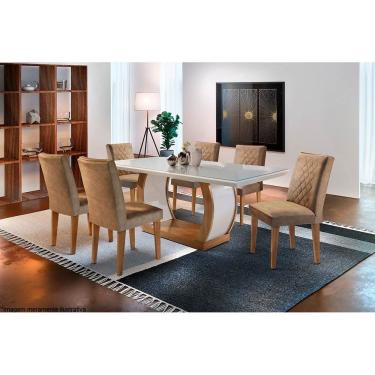 Imagem de Sala de Jantar Completa Jade Tampo Madeirado c/ Vidro Canto Reto 180x90cm e 6 Cadeiras Jade Imbuia/Off White - Suede Capuccino - Rufato