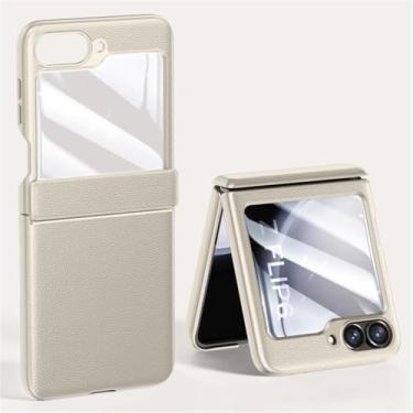 Imagem de Escudo do telefone de couro para samsung z flip6 caso zflip6 câmera protetor capa com tela vidro, cinza, para galaxy z flip6