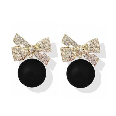 Imagem de Brincos de laço de Natal para mulheres com strass, fita de Natal, brincos de laço de pérola vermelha de Natal, bijuterias de Natal, Large Size, Metal, Sem pedra preciosa