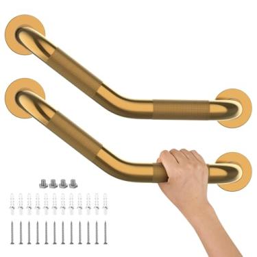 Imagem de Pacote com 2 barras de apoio de chuveiro Munzong de 40,6 cm para idosos, barras de apoio antiderrapantes anguladas douradas para banheiras e chuveiros, suporte de trilho de mão de segurança para