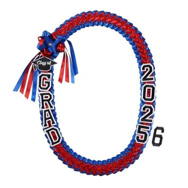 Imagem de Ftyfty Graduação Leis Class of 2025 Grad Handmade Ribbon Lei Colar de fita trançada dupla com letras graduadas, 129 cm (1, vermelho e azul real)