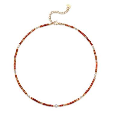 Imagem de Stjarna Gargantilha feminina com contas de ágata vermelha pequena pérola de água doce feita à mão, joia de pedra natural
