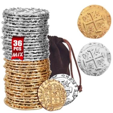 Imagem de Large Metal Pirate Coins –Gold Treasure Coin Set, Metal Replica Spanish Doubloons for Board Games, Tokens, Toys, Cosplay – Realistic Money Imitation for Treasure Chest (Gold and Silver 36 PCS)