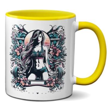 Imagem de Caneca Mulher Fitness Musculação Academia Treino Floral (Amarela)