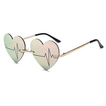 Imagem de YAMEIZE Óculos de sol vintage sem aro com coração – Óculos espelhados em formato de coração, moderno, divertido, festa de Halloween, óculos para mulheres e homens