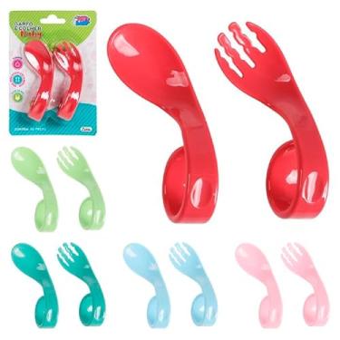 Imagem de Talher de Treinamento Infantil Bebê Alça Curvo Anelada Colher e Garfo (Verde Calro)
