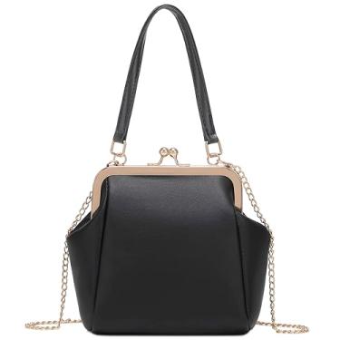 Imagem de Ansseng Bolsa tiracolo feminina vintage Kiss Lock com alça de corrente, Preto e prata, Large