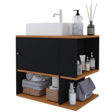 Imagem de Gabinete Armário Balcão Aéreo Suspenso de Parede para Lavabo Pia Banheiro Pequeno Apartamento 1 Porta e Nicho Organizador Deca Aqua (Preto/Freijó)
