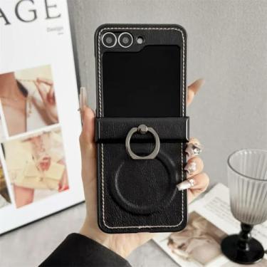 Imagem de Capa para Samsung ZFlip6 de couro de luxo com padrão de lichia e suporte de anel para carregamento sem fio com dobradiça (para Samsung ZFlip6/preto)