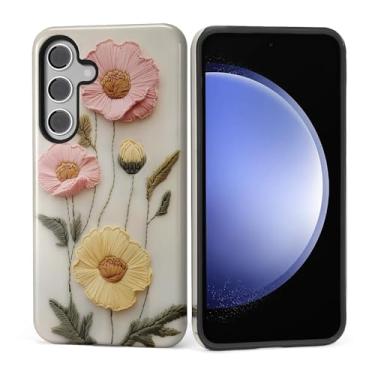 Imagem de Kapadiy Capa para Samsung Galaxy S23 FE, bordado falso, design floral, híbrido, proteção dupla, silicone, policarbonato rígido, à prova de choque, capa protetora antiarranhões para homens e mulheres
