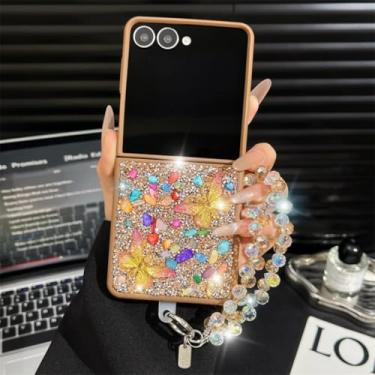 Imagem de Capa para Galaxy Z Flip6 com glitter de luxo, desenho animado, borboleta, cristal, pedra, pulseira brilhante (para Galaxy Z Flip6/dourada)