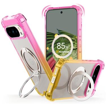 Imagem de ANSIWEE Capa fina feminina para Google Pixel 9 Pro XL/10 Pro XL | Capa transparente de luxo com suporte giratório - gradiente ouro rosa