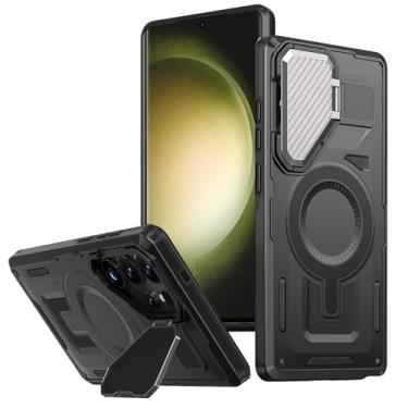 Imagem de THMEIRA Capa magnética Armor para Samsung Galaxy S23 Ultra (6,8 polegadas) compatível com MagSafe, com suporte versátil para câmera, proteção de nível militar, anti-impressão digital, durável, preta