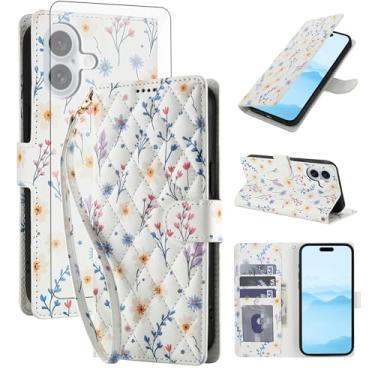 Imagem de Asuwish Capa de celular para iPhone 17 carteira de celular com protetor de tela de vidro temperado porta-cartão de flor com suporte protetor resistente i Phone17 i17 17 capa feminina masculina uma