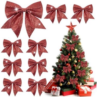 Imagem de 24 peças de laços de Natal com glitter vermelho de 15 cm com laços torcidos de lantejoulas para grinalda de árvore, embrulho de presente, artesanato, decoração de festa, enfeites de férias