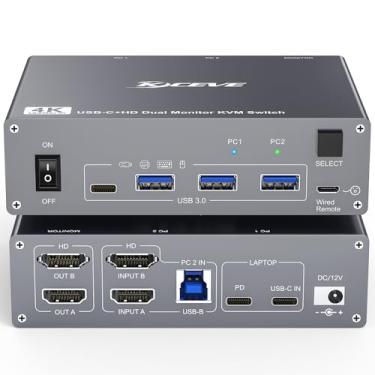 Imagem de KVM Switch 2 monitores 2 computadores 4K @60Hz USB C + HDMI monitor duplo para laptop e desktop com 4 portas USB 3.0, controle remoto com fio, cabos USB 3.0 incluídos (4K 2 PC 2 monitores KVM)