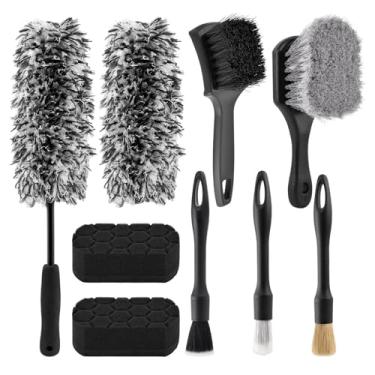 Imagem de FNTMNO Kit profissional de limpeza de roda de carro, kit de escova de roda e pneu, escova de pneu, escova de aros de cerdas macias, escovas de rodas planas de microfibra, kit de suprimentos de escova