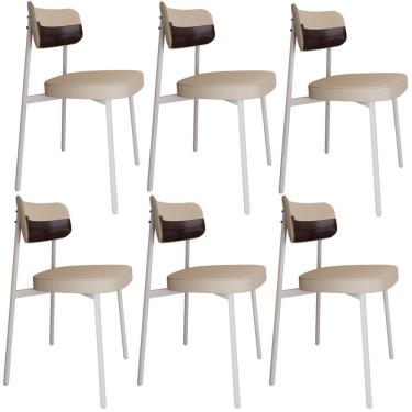 Imagem de Kit 06 Cadeiras Estofada Para Sala de Jantar Astrid Branco C01 Linho Areia Courino Café - Lyam Decor