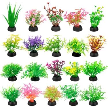 Imagem de LNQ LUNIQI Conjunto de 20 peças de decorações coloridas de aquário – Plantas de plástico artificial com base estável, plantas subaquáticas falsas para aquários pequenos de água doce