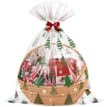 Imagem de CUDICY Sacos de presente de celofane de Natal, 10 peças, embalagem de presente grande, 61 x 76 cm, plástico transparente para embrulho de cesta (árvore de Natal)