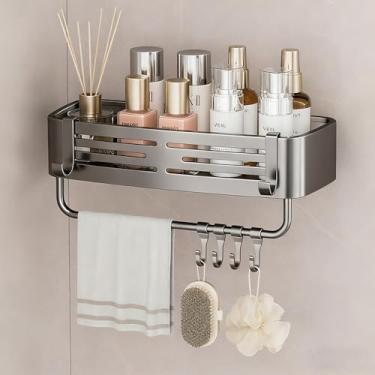 Imagem de BEWITU Organizador de banheiro para chuveiro – Prateleira de canto fácil de instalar, sem perfuração, com ventosa, 6 ganchos portáteis, barra de toalha e armazenamento removível