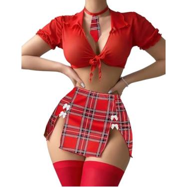 Imagem de Avidlove Conjunto de lingerie para mulheres, roupas de colegial, fantasia de malha transparente e minissaia com tanga, Vermelho, P