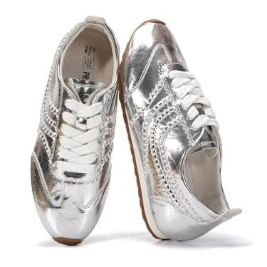 Imagem de Project Cloud Tênis feminino de couro descalço – Tênis feminino com cadarço de espuma viscoelástica – leve e antiderrapante – Tênis feminino moderno para o dia todo (tigre), Prata, 34