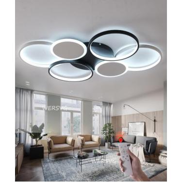 Imagem de Luminária de teto LED preta, 6 luzes, grande, atmosférica, retangular, moderna, para sala de estar, luminária de teto regulável com controle remoto, 3000-6000K, luminária geométrica para qua