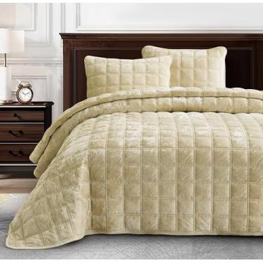 Imagem de Chezmoi Collection Piers Conjunto Queen de veludo bege, 3 peças, roupa de cama de veludo envelhecido para todas as estações, edredom leve de microfibra escovada reversa com ponto quadrado duplo