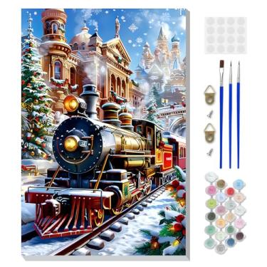 Imagem de DOMROM Kit de pintura emoldurada de Natal por números para adultos com cavalete de madeira, kit de pintura de trem por números para iniciantes, kits de pintura a óleo DIY para decoração de parede de