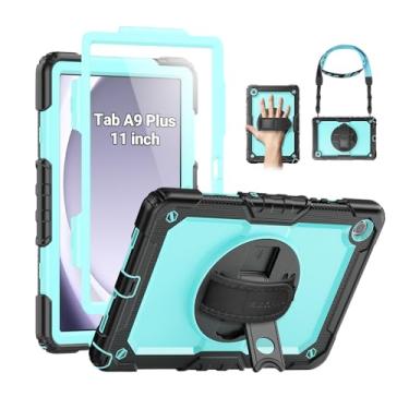 Imagem de SEYMAC Capa para Samsung Galaxy Tab A9+/A9 Plus 11 polegadas (SM-X210/X216/X218), capa protetora resistente à prova de choque com protetor de tela, suporte giratório e alça de mão/ombro, azul claro