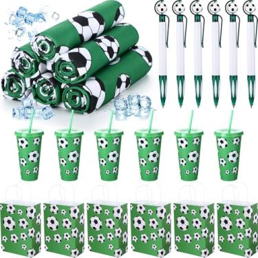 Imagem de LemonRoad 24 conjuntos de lembrancinhas de festa de futebol, 6 toalhas esportivas refrescantes 6 copos de plástico com tampas e canudos, 6 canetas esferográficas, 6 sacos de presente para artigos de
