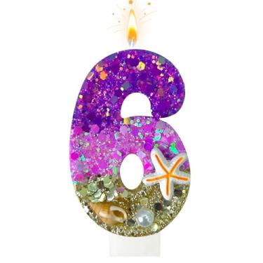 Imagem de Velas de aniversário, praia número 6 velas decoradas com conchas e pérolas para topo de bolo, adequado para decorações de bolo de sereia, decoração de aniversário com tema de oceano (6 velas)