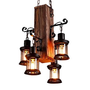 Imagem de BUUQSGKV Candeeiro suspenso retro industrial pendente luz loft madeira antiga candeeiro pendente metal vidro vintage lustre altura ajustável E27 sala de estar bar cozinha restaurante candeeiro de teto