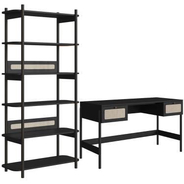 Imagem de Estante Livreiro Home Office e Mesa Escrivaninha Pés Madeira Moss A03 Nero Preto - Lyam Decor