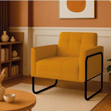 Imagem de Poltrona Sala Industrial Alta Tubo Preto Elisa Bouclê Mostarda D03 - D'Rossi