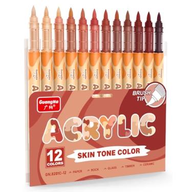 Imagem de Guangna Marcadores de tinta acrílica, 12 cores, vermelho, marrom, ponta de pincel, canetas de tinta acrílica para pintura rupestre, vidro de madeira, cerâmica, lona, pedra, artesanato, artesanato