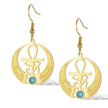Imagem de Brincos Ankh Cruz Olho de Hórus Aço Inoxidável Egípcio Antigo com Asa Turquesa Pingente de Proteção Amuleto Joias Religiosas para Mulheres, One Size, Aço inoxidável, Sem pedra preciosa