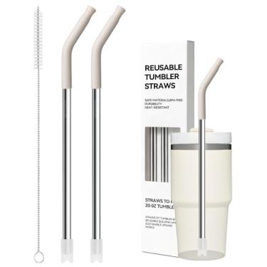 Imagem de Snowfall Canudos de metal de substituição de 2 peças para copo Stanley de 400 ml, canudos de aço inoxidável com ponta de silicone para copo de 597 g, pincel de palha (cinza creme)