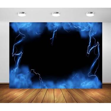 Imagem de Loccor Pano de fundo azul relâmpago de 2,1 x 1,5 m espetacular céu azul tempestuoso brilhante Thunderbolt com fundo de fumaça e neblina, decorações de festa de aniversário, adereços de estúdio